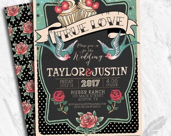 Rockabilly Wedding Invitations, digital file, prints, tattoo, rockabilly, pinup, sparrows, roses, polkadots