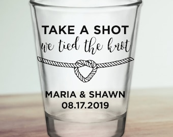 Custom Personalized "Tied The Knot" Wedding Favor Shot Glasses