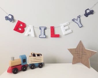 Personalised Bunting, Name Bunting, Letter Banner, Custom Nursery Decor, Children's Bedroom Decoration, Party Banner, Transport Car Garland