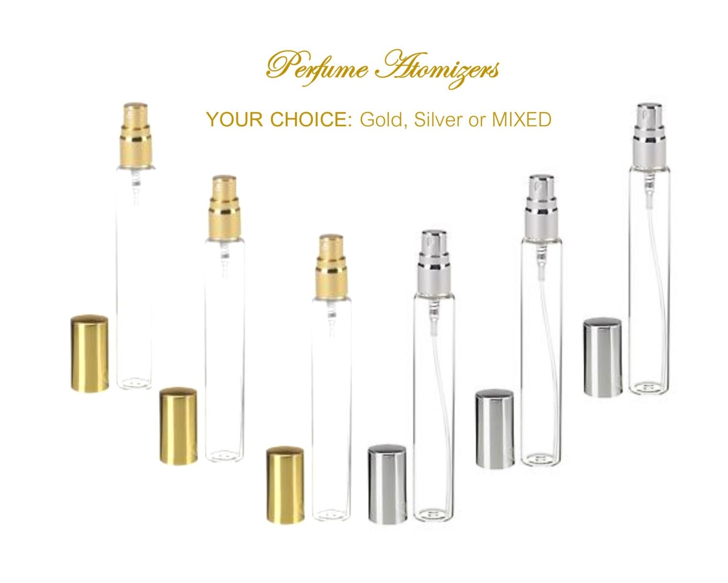 6 Clear 15ml Glass Perfume Oil Mist Atomizers GOLD or SILVER Metallic ...