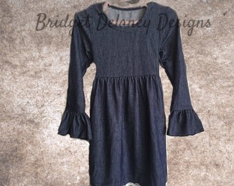 Girl's bell sleeved denim dress, lace hem, sash. Monogrammed, personalized, custom