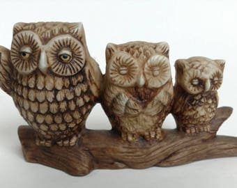 Owl figurine / Owl Trio Figurine / Vintage Figurine / Owls / Brown Owls