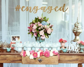 Engagement banner, engagement party banner, engagement party decorations, engaged banner, hashtag engaged, #engaged, wedding rehearsal decor