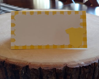 Gingham Yellow Onesie Food Tent Cards