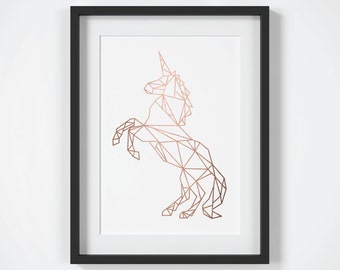 Unicorn Print, Geometric Unicorn Wall Art, Copper Wall Art, Rose Gold Unicorn Print, Rose Gold Wall Art, Fairytale Girls Room Decor, Modern