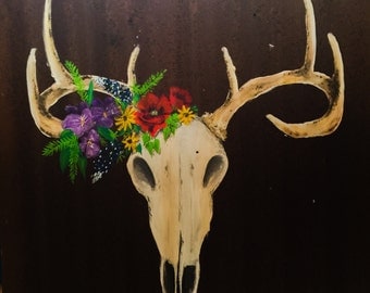 26" x 26" Rustic Deer Skull and Floral Painting on Reclaimed Tin