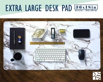 White Marble Print Extra Large Desk Pad with Available Custom Monogram - Extended Mouse Mat - 36x18in