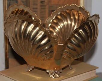 Vintage Brass Footed Clam Shell Planter/Cache Pot, Hollywood Regency