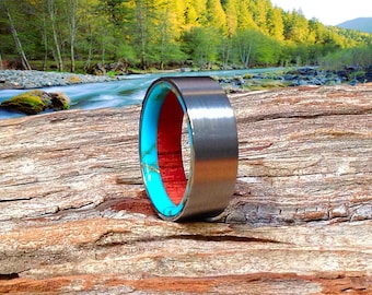 Fine Tungsten Wood Ring, Wood Wedding Band, Tungsten Ring, Meticulously Custom Made From Wild Cherry and Turquoise - Waterproof!