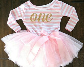 Look who's One outfit, First Birthday Dress, Pretty Stripes First Birthday with Tulle Skirt