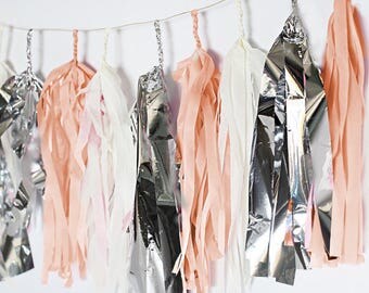 Coral | white | silver tassel garland || other colors available || backdrop || first birthday || baptism || communion || baby shower