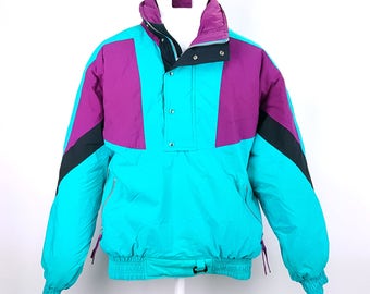90s Bright Color Block Ski Jacket Teal Purple Black