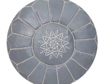 Moroccan Pouf Unstuffed Grey Authentic Handmade Genuine Leather Ottoman Pouffe Footstool