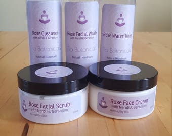 Rose Cleanser, Facial Wash, Facial Scrub, Toner and Face Cream with Neroli & Geranium Set