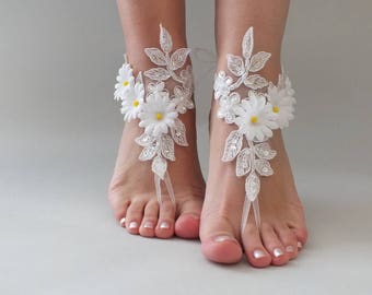 White ivory lace barefoot sandals wedding barefoot