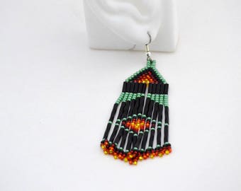 Green Native American Beaded Dangle Earrings