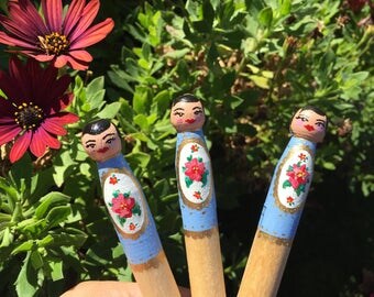 Blue Babushka hand painted wooden peg dolls