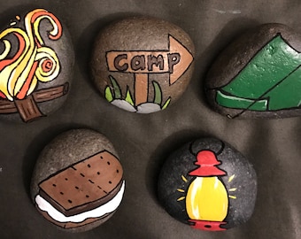 Set: Camping Theme Set Painted Rocks & Paperweights (Set of Five) @MoonRocksArt