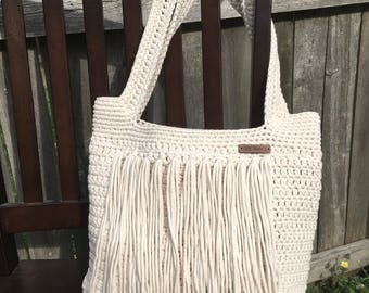 Crochet fringe cream cotton tote