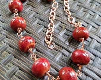 Red Ceramic and Copper Chain Necklace