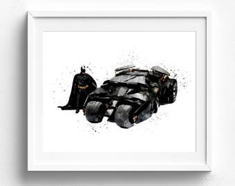 Batmobil art, batmobil artwork, batman poster, batman gift, superhero wall art, batman boys room, watercolor batman, batman wall decal