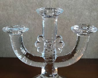 Vintage Pukeberg Iceberg Glass Three Arm Candleholder Rare, Vintage, SWEDEN, Heavy Glass, Crystal