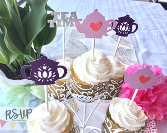12 Tea Party Cupcake Toppers, Mad Tea Party Cupcake Toppers, Alice in Wonderland Cupcake Toppers, Purple Tea Party Decor, Tea Time Cupcakes