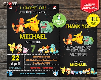 Pokemon Invitation 5x7, EDITABLE Text Pokemon Birthday, Pokemon Party, Pokemon Go, Pikachu, Printable - Customized FREE Thank you card