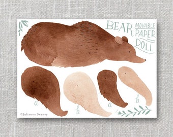 Bear Articulated Paper Doll, Illustrated Print, Puppet, Craft, Decoration, Scrapbooking