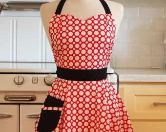 Retro Full Apron Sweetheart Red and White Dots - BELLA