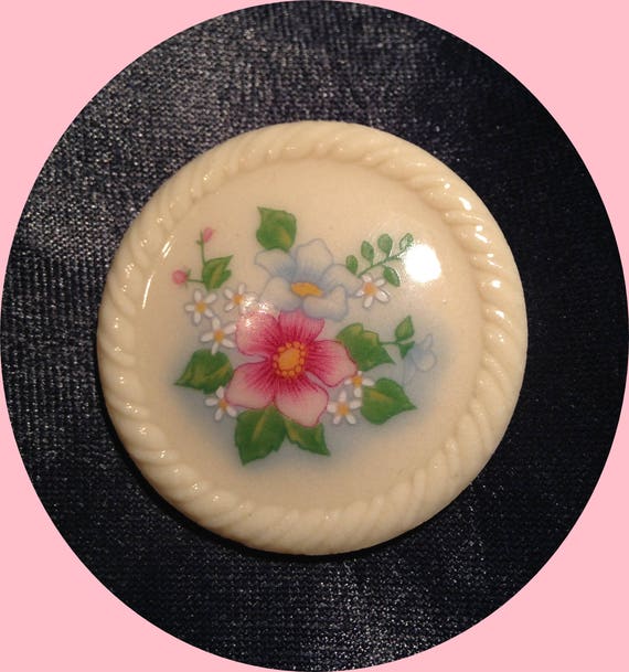 Brooch, Pin, Avon, White Circle, Pink, Blue, Yellow, Floral Garden