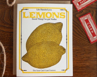 letterpress life handed you lemons good think i've got vodka greeting card farmers market vegan vegetarian vintage lemon seed packet sour
