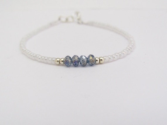 White Friendship Bracelet Blue Crystal Beads Seed Bead