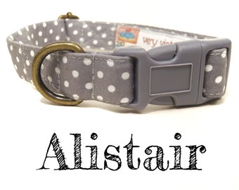 Gray White Vintage Polka Dot Dog Collar - Organic Cotton - Antique Brass Hardware - "The Alistair"