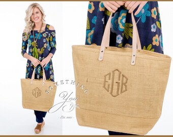 Monogrammed Burlap Tote Bag XL - Personalized Burlap Tote Natural Burlap Tote - Monogrammed Jute Beach Bag, jute tote with leather handles