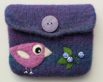 Felted pouch dark violet blue wool bag cozy hand knit needle felted violet birdie roses