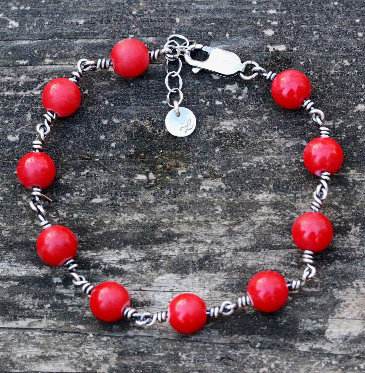 Red jade sterling silver beaded bracelet