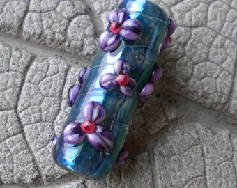 Purple Floral Encased Barrel Lampwork Beads by Cherie Sra R114 Flamework Glass Bead Encased Purple Flower Floral Focal Encased Silver Glass