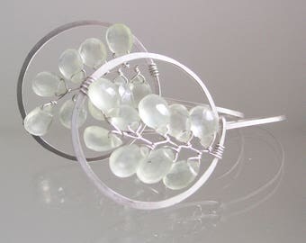 Prehnite Sterling Hoops, Wire Wrapped Gemstone Petal Vine Earrings, Lightweight Everyday Jewelry