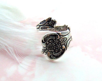SILVER RING Floral Posie Rose Spoon Ring ~ Antique Silver Adjustable Retro Statement Ring (RD-2)