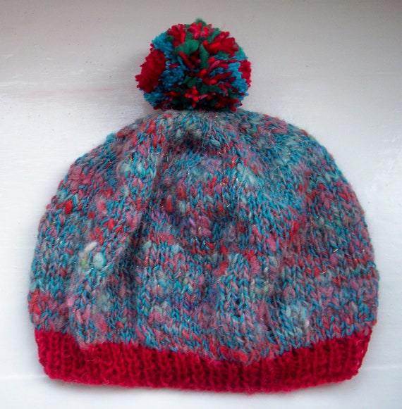Beanie pompom hat, handspun, hand dyed wool, art yarn, chunky textured, blue red mix, unisex