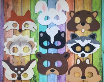 Woodland Animals Felt Masks * Birthday Parties * Party Favors * Playtime * Fox, Hedgehog, Deer, Rabbit, Skunk, Beaver, Raccoon, Chipmunk