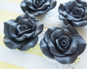 2 pcs Huge Polymer Clay Rose Cabochon (40mm) Black FL326