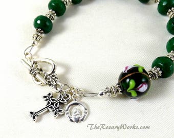 Irish Rosary Bracelet Chaplet Celtic Claddagh Green Faceted Jade Handmade Lampwork Singled Decade Prayer Beads