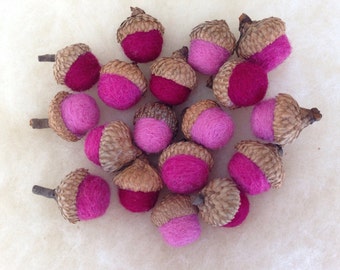 18 wool felted acorns: cranberry, rose, light pink