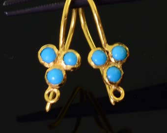 18k Solid Yellow Gold Earwires With Sleeping Beauty Turquoise Bezel Pair
