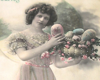 1900s French postcard Edwardian lady with Easter egge, RPPC real photo, paper ephemera.