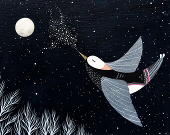The Night Bird Sings His Lullaby - 8x10 Art Print - Contemporary Watercolor Painting - Home Decor, Nursery Art - by Natasha Newton