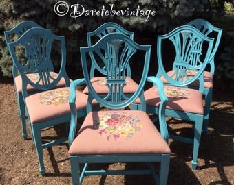 Six Vintage Shield Back Turquoise Dining Chairs - Vintage Needlepoint Chairs - Shabby Chic Dining Chairs - Turquoise Chairs - Vintage Chairs