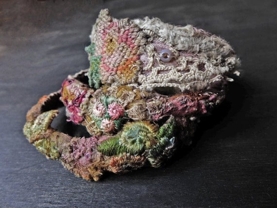 Stitched textile bangle stack - Bohemian fabric bracelet set "Mavourneen"